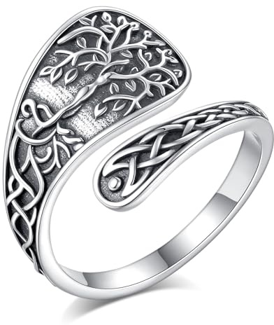 AEONSLOVE Schlange Ring Silber 925 für Damen, Lebensbaum Verstellbarer Ring für Frauen, Offener Ringe Vintage mit Blatt/Hexenknoten/Keltischer Knoten