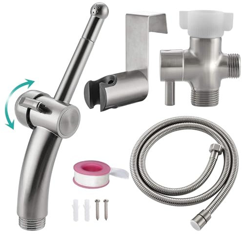 BARROCK Handheld Bidet Sprayer Set for Toilet, Portable Bathroom Bidet Seat Attachment, Hang or Wall-Mount Shattaf Kit for Hygienic or Cleaning with Brass T-Valve Explosion-Proof Hose Brushed Nickel