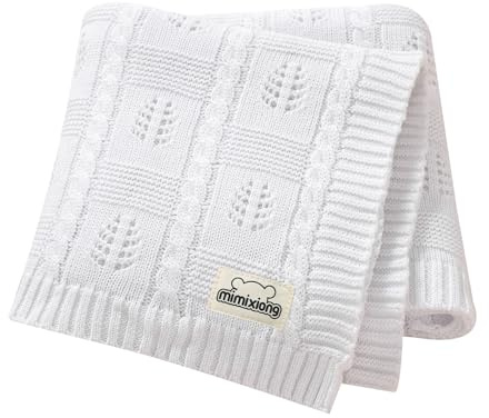 mimixiong Coperta per bambini in 100% cotone lavorato a maglia, 100 x 80 cm, colore: bianco