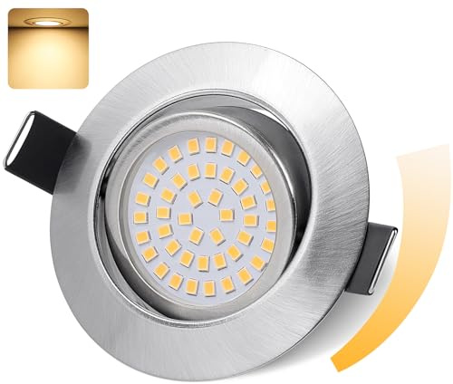 GeyouLux LED Einbaustrahler 230V Dimmbar 68mm 6W IP44 LED Spots 45° Schwenkbar 3000K Warmweiß Deckenspots für Badezimmer Küche Wohnzimmer Einbauspots Flach Einbauleuchten Nickel 1er set