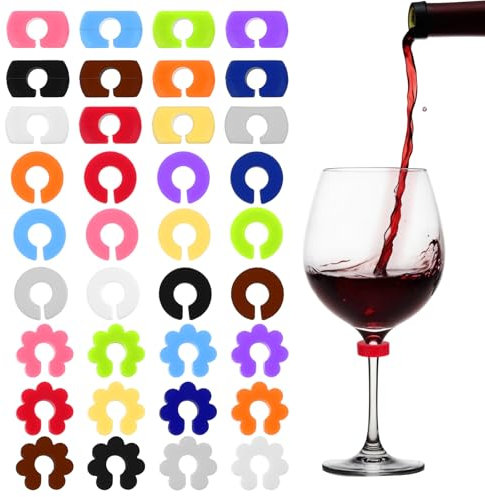 oruola 36 Stück Gläser Markieren,Silikon Glasmarkierer,Wird verwendet, um bei Partys, Hochzeiten oder Familienfeiern die Becher zu unterscheiden,Glasmarker für Champagnerglas,Cocktailglas,Rotweinglas