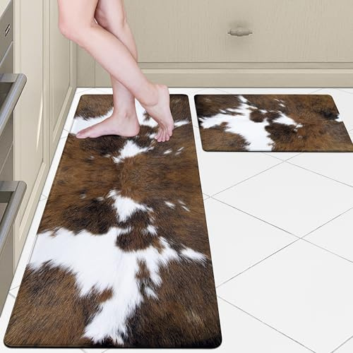 Western Cowhide Kitchen Rugs Set of 2 Black Brown Cow Print Rugs Anti Fatigue Mats for Floor Non Skid Waterproof Comfort Standing Runner Mat for Sink Laundry Office (Brown, 17.5x29.5+17.5x47)