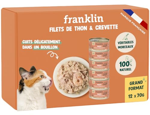 FRANKLIN – Nourriture Humide pour Chat – Filet Thon et Crevette cuit au Bouillon – 100% Naturel, sans Additifs – Texture Savoureuse – Riche en Protéines – Faible en Calories – Lot 12 x 70g
