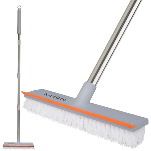 KazOfe 2-in-1 Floor Scrubbing Brush with Squeegee/Handle, Bathroom Floor Cleaning Scrubber, Long Handled Scrubbing Brush Hard Bristle for Deep Cleaning Kitchen, Deck, Tile, Patio (Grey)