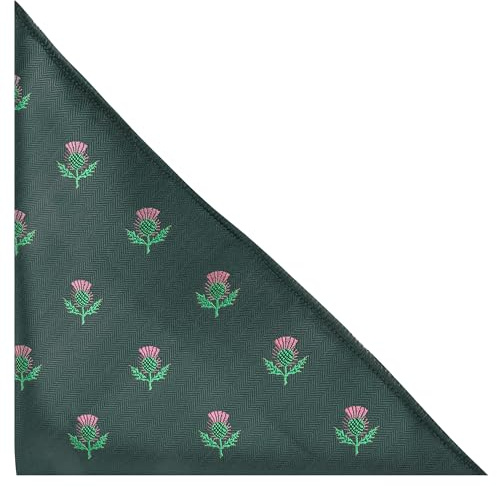 King & Priory Scottish Thistle Dark Green Herringbone Embroidered Pocket Square, Handkerchief