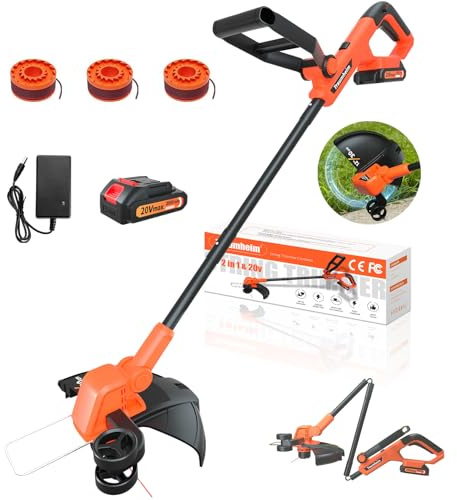 Traumheim 20V Coupe Bordure sans Fil avec Batterie, 2-in-1 30CM Coupe Bordure, Debroussailleuse Electrique sans Fil à Alimentation Automatique avec 6 Bobines, 90° Coupe Rotative Tête, pour Jardin