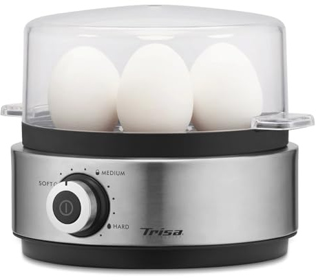 Trisa Vario Eggs Eierkocher für 7 Eier, Elektrisch mit Pochier-Funktion | Härtegrad Einstellbar, Antihaft-Heizplatte, Abschaltautomatik, Messbecher mit Eipicker, BPA-frei, Kompakt