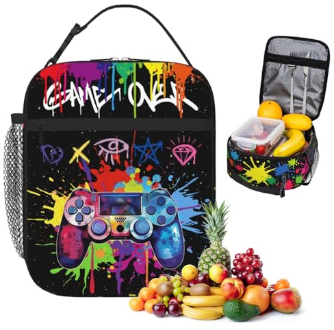 Dszemie Gamer Lunch Box for Boys, Reusable Video Game Lunch Bag for Kids Insulated Lunchbox, Portable Waterproof Leakproof Gaming Lunch Tote Bag, for School Travel Picnic Hikin, Packed Lunch Box(B)