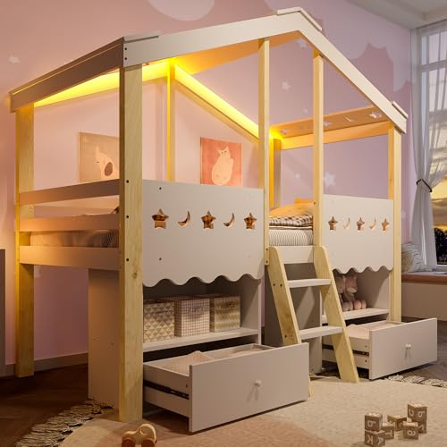 Moimhear Halbhohes Bett, 90x200cm, Kinderbett, Hausform, Hochbett, 2 Schubladen, LED-Lichtleiste, Weiß + Natur, Kiefernholz+MDF+Plywood
