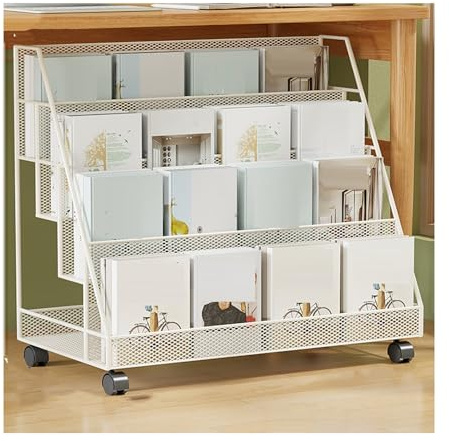 Tidningsställ, Tidningsställ I Järngolv, 3/4-lagers Arkivförvaring, Med 360-graders Universalhjul, For Vardagsrum, Kontor, Utställningscenter(White,50x30x55cm)