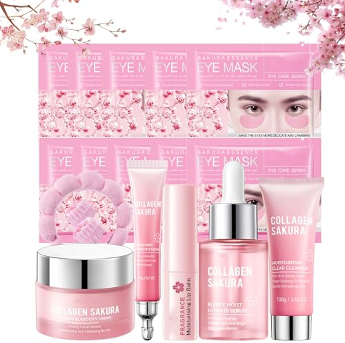 Sakura Gesichtspflege Set, Japan Sakura Skincare Set für Teenager Mädchen, Feuchtigkeit & Pflege mit Cleanser, Serum, Creme, Lippenbalsam, Augencreme, Augenpads & Haarband, Beauty Geschenke, 16-tlg
