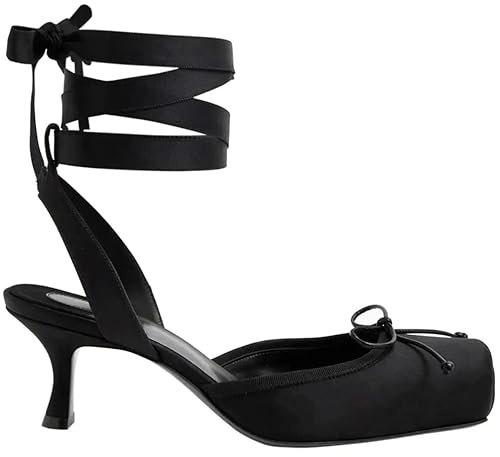 SYHXYHEG Lace Up Ballet Pumps for Women Kitten Heels Square Closed Toe Pumps Bow Ballerina Slingback Satin Cute Dressy Party Casual, Black, 7.5 UK
