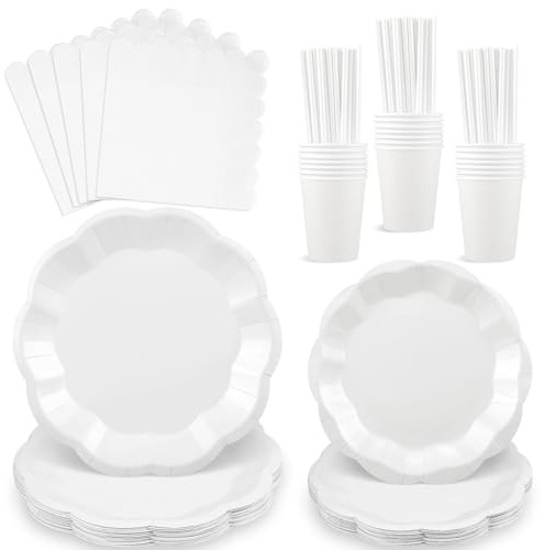 125 Stück Partygeschirr Set für 25 Gäste Pappteller Servietten Weiß | inklusive Gewellte Weiß Pappteller Servietten und Becher Papierstrohhalme für Babypartys, Geburtstag, Hochzeiten