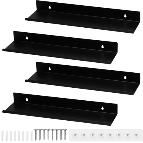 Mocifa 4 Stück Wandregal Schwarz Metall, Schweberegal, 40 x 10 x 4 cm | mit Schrauben und Haken, Küchenregal Wand Schwarz, Metallregal Schwebende, für Wohnzimmer, Küche, Bad, Schlafzimmer, Büro