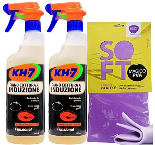 SET: Detergente Spray Per La Pulizia Dei Piani Cottura a Induzione, Per Una Pulizia Facile e Veloce, Senza Graffi e Una Massima Brillantezza 750ml + Panno In Lattice SOFT (2 Spray + 1 Panno Lattice)