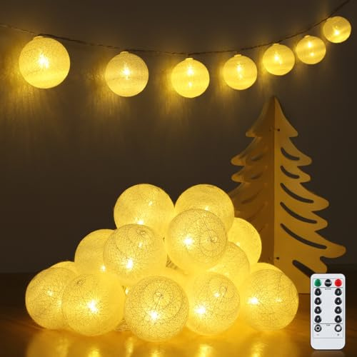 Ewikin Lichterkette Baumwollkugeln, 20 LED Kugeln Lichterketten USB & Batteriebetrieben mit Fernbedienung, Cotton Ball Lichterkette Innen für Kinderzimmer, Teenager, Mädchen