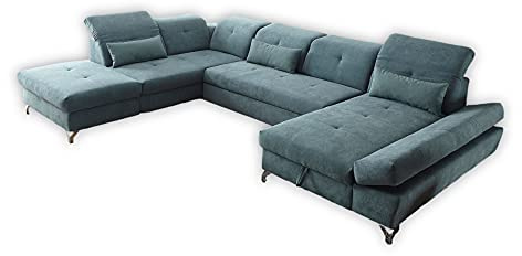Stella Trading MELFI Wohnlandschaft in U-Form, Stoffbezug Grün - Ausziehbares Sofa mit Schlaffunktion & Bettkasten - 350 x 73 (96) x 245 cm (B/H/T)