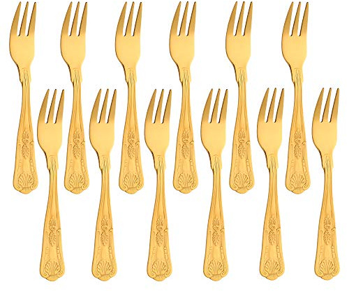 Buyer Star 12 Piece King Cake Forks, Stainless Steel Gold Mini Fork Set for Dessert Fruit Cake Pastry Appetizer Oyster, 14cm
