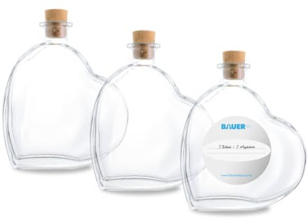 Flaschenbauer - 3 x Herz Flasche Passion: Glasflasche Herz 200 ml - 3 Mini Glasflaschen mit Korken verwendbar als Geschenkidee, kleine Glasflaschen 200ml, Schnapsflaschen Inklusive Etikett