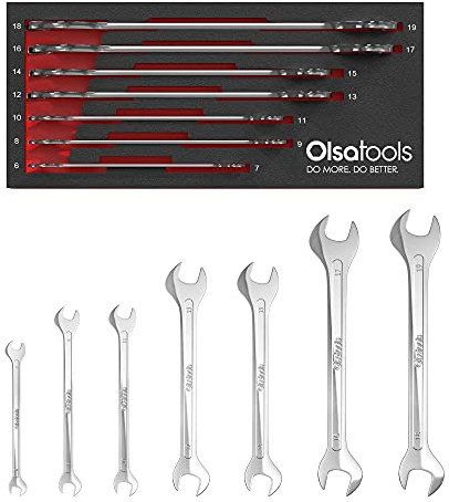 Olsa Tools Super-Thin Open-End Wrench Set - 7pc Metric Slim Spanners - 6mm to 19mm - Professional-Grade Hand Tools with EVA Foam Tray - Part: 1253