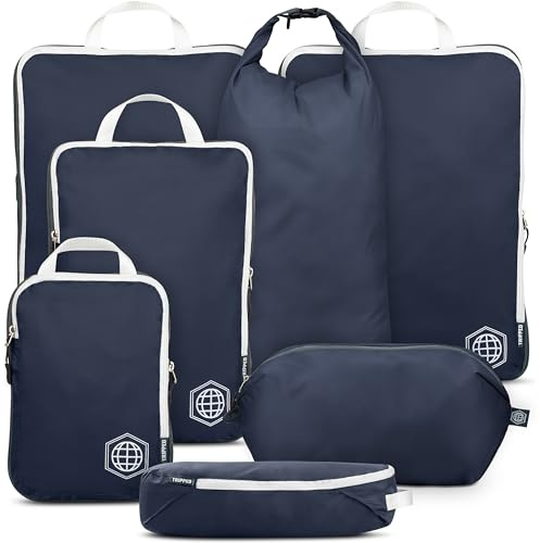 Cubi di compressione extra large per imballaggi da viaggio, organizer per bagagli extra large, set da 7 pezzi, ultraleggeri, espandibili/sacchetti a compressione per vestiti (blu navy/bianco)