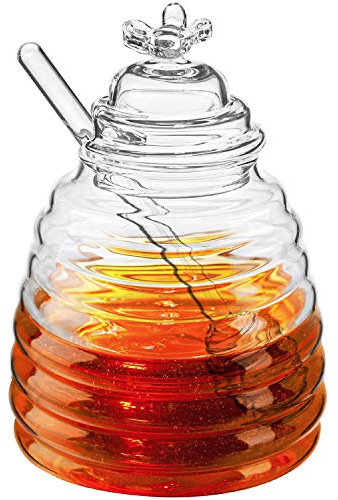 Hedume Honey Jar with Dipper and Lid, Honey Bee Pot, 17oz/500ml Glass Beehive Honey Pot for Home Kitchen