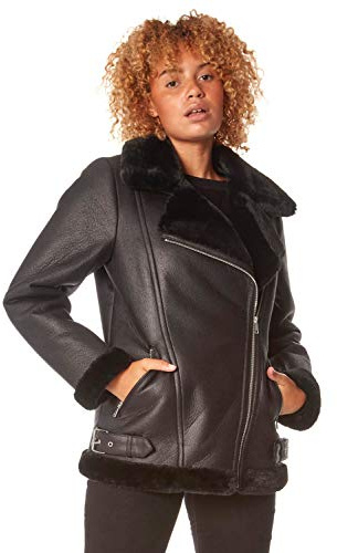 Roman Faux Leather Jacket for Women UK - Ladies Bomber Aviator Coat Moto Biker Pilot PU Flying Teddy Borg Sherpa Fur Trim Furry Fleece Collar Lined Casual Warm - Black - Size 16