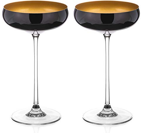 DIAMANTE Oro Black Champagne Saucers - 'Oro Black' Collection - Pair of Black/Gold Crystal Champagne Saucers