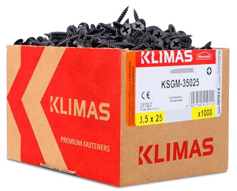 KLIMAS Schnellbauschrauben Senkkopf | Schrauben für Rigips Gipskarton Selbstschneidend Gipsplatten GK Trockenbau Dübel Grobgewinde Universalschrauben Set PH2 Metallprofile (3,5 x 25 mm 1000 Stück)