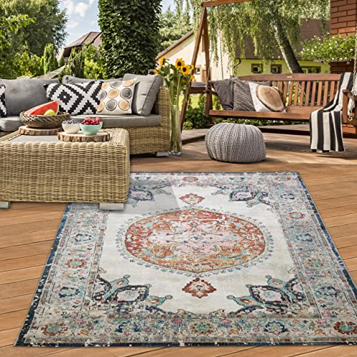 Teppich-Traum In- & Outdoor Teppich Vintage Blumen Rot Orange 120x170 cm | Pflegeleicht, schmutzabweisend, farbecht und strapazierfähig, seitlich gekettelt, für Balkon, Terrasse, Garten und Flur