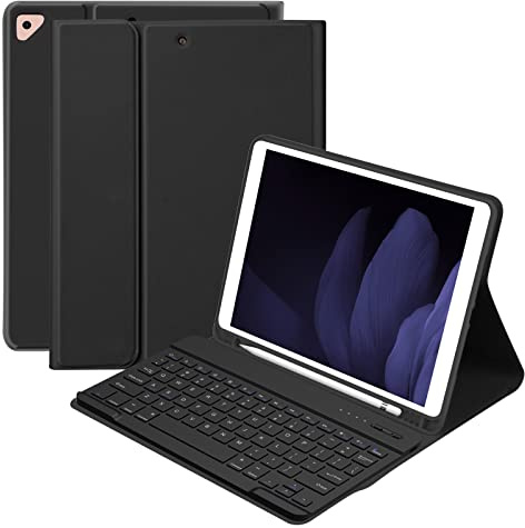 BQSS Funda para iPad de 9ª generación con teclado de 10.2 pulgadas, teclado inalámbrico desmontable para iPad de 9ª/8ª/7ª, para iPad Air de 3ª generación/Pro de 10.5 pulgadas con soporte para lápices