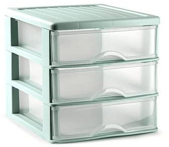 CABLEPELADO Torre de almacenamiento con 3 cajones sobremesa, Organizador de escritorio, Caja de almacenamiento de escritorio,18 cm alto x 17.7 cm ancho x 21.5 cm fondo, Verde y cajones transparentes