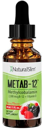 NaturalSlim Metab-12 - Suplemento sublingual líquido de vitamina B12 2500 mcg con gotas orales de vitamina D3 - Metilcobalamina B12 para energía - Sabor a bayas sin gluten - 1 fl oz