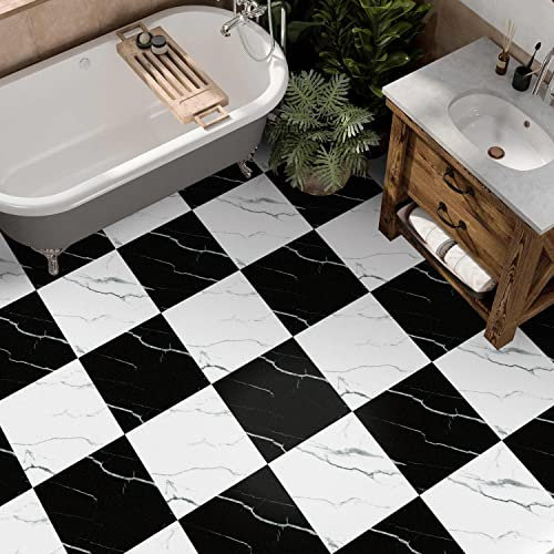 Alwayspon 10Pcs, 30x30cm/11.81x11.81 Vinyl Floor Wall Tiles Sticker, Waterproof Non-slip Splashback Thicken PVC Self-adhesive Peel and Stick Flooring Tile Transfer, 5Pcs Black and 5Pcs White Marble