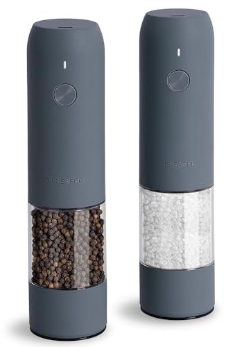 TLYSXPRO Electric Salt and Pepper Grinder Set with USB Rechargeable, Automatic One Hand Operation with Adjustable Coarseness, Pepper Mill Grinder Refillable with LED Light (2 Packs, Blue-Grey)