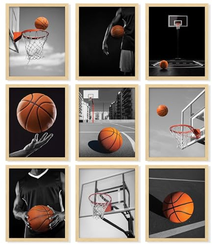 97 Decor Basketball-Poster für Jungen-Schlafzimmer – Basketball-Raum-Dekor für Jungen und Teenager, schwarz-weiß, Sport-Wandkunstdrucke, Reifenfotos, Bilder für Zuhause, Büro, 20,3 x 25,4 cm