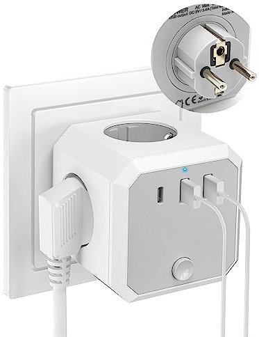 Rumicet Multiprise Prise Cube, Multiprise Murale avec Interrupteur 7 en 1, avec 4 Sorties AC 2 Ports USB et 1 Type C 4000W Power Prise USB Multiple Ports pour la Maison, Le Bureau, Les Voyages White