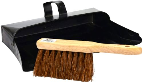 Sterling Ventures Metal Hand Dustpan & Wooden Brush Set Heavy Duty Stylish Traditional Dustpan Black Hooded with Natural Stiff Bassine Bristle Brush Fireside Companion Broom Deck Ash Pan
