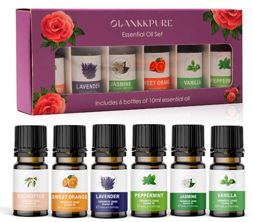 Ätherisches Öle Set für Diffuser, 6 x10mL Aroma Diffuser Öl, Naturrein Geschenkset Duftöle für Diffuser, Lavendel, Pfefferminze, Eukalyptus, Orange, Vanille und Jasmin.