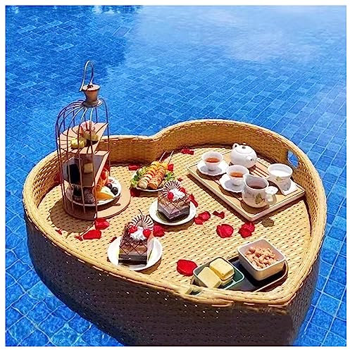 CAFIEDR Bandeja para Servir Tejida de ratán Bandeja Flotante de Desayuno de ratán con Asas,Bandeja Flotante,Flotadores de Piscina para Adultos para Comida, Desayuno en Jacuzzi