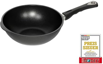 AMT Gastrogjuten wok 28 cm Ø, 11 cm hög, wokpanna, lämplig för induktion, fast handtag, Lotan® non-stick finish, gjutjärnspanna (aluminiumgjutning), AMZN-I-1128S