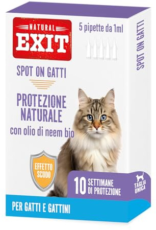 Natural Exit Antiparassitario per Gatti – Spot On Naturale con Olio di Neem – 5 Pipette Antiparassitario Gatti da 1ml – Antipulci Gatto contro Pulci, Zecche e Zanzare