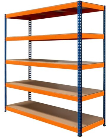 Garagehylla S-Rax Hyllsystem 5 Hyllplan 180cm x 180cm x 60cm Robust Stålhylla 300kg Kapacitet Per Hylla Justerbar Layout Bultlös Montering Gummifötter 3 Förstärkta Stödstänger Lager Varuhus