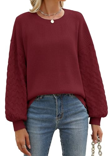 Lonya Jersey Mujer Invierno Elegante Redondo Sueter Casual Manga Larga Jerséis Punto Ropa Sweater Blusas Tops Borgoña,S