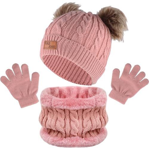 Chstarina Sciarpa Guanti e Cappello Bambino, Cappello a Maglia Bambini Invernale Beanie Sciarpa Guanti, Berretto Scaldacollo Guanti Set, Berretto con Pompon per tra 1 e 6 Anni Ragazze Ragazzi (Rosa)