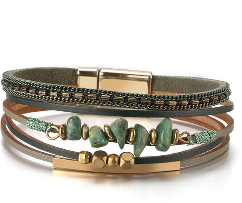 Fesciory Leather Wrap Bracelets for Women, Boho Leopard Multi-Layer Crystal Beads Cuff Bracelet Jewelry (Stone(Green1))