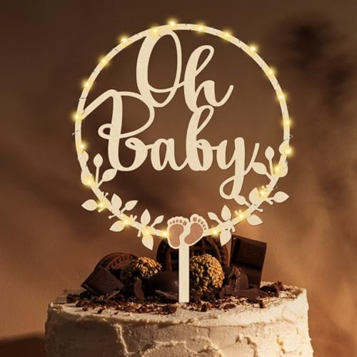 Giftota Oh Baby Cake Topper Holz mit LED Lichterkette - Oh Baby Tortendeko - Kuchenstecker für Babyparty Baby Shower Deko, Gender Reveal Partydeko