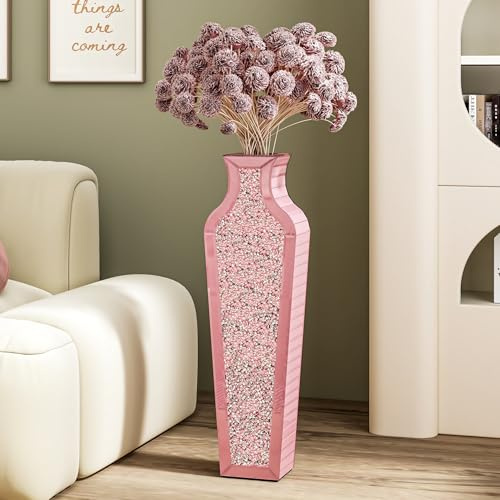 SHYFOY Pink Crushed Diamond Floor Vase - 26.8 Tall Mirror Glass Home Decor Vases for Living Room Bedroom, Large Decorative Vase for Dried Flower Arrangements Decor (Not for Water)