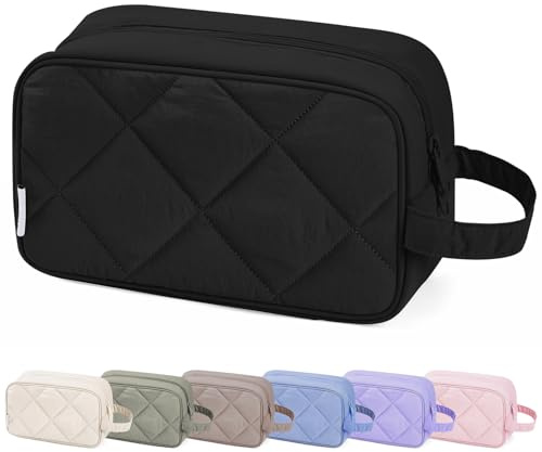 Narwey Große Kosmetiktasche für Damen & Herren - Wasserdichter Kulturbeutel mit Reißverschluss, Schminktasche Reise Essential, Toilettenorganizer für Make-up, Reisezubehör (Gesteppt Schwarz)