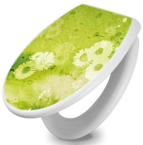 banjado Toilettendeckel mit Absenkautomatik 44,5x37cm / WC Sitz mit Absenkautomatik/Toilettensitz Duroplast mit Edelstahl Scharnieren/Klodeckel mit Absenkautomatik Motiv Kamille Grün